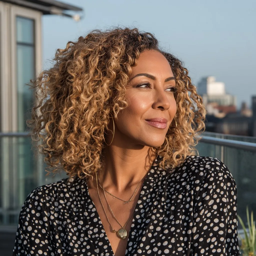 Textured Curly Cut with Sun-Kissed Highlights
