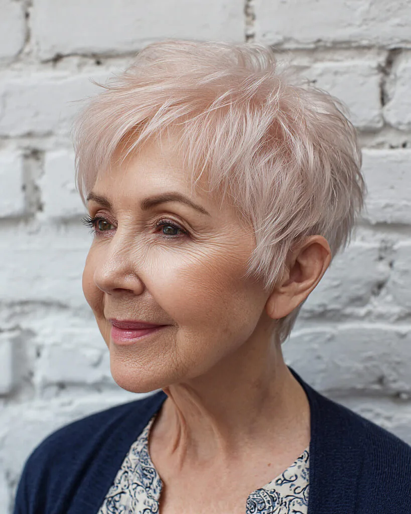 Textured feathered pixie with choppy ends for women over 60 with fine pastel pink-blonde hair and volume at the crown