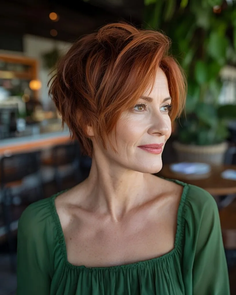 Textured fringe pixie bob for older women with thick auburn hair and tousled layers