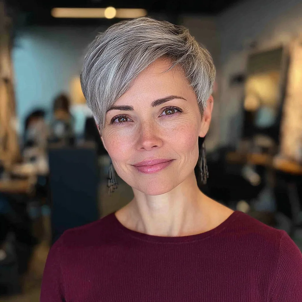 Textured Grey Pixie Cut with Side Swept Bangs