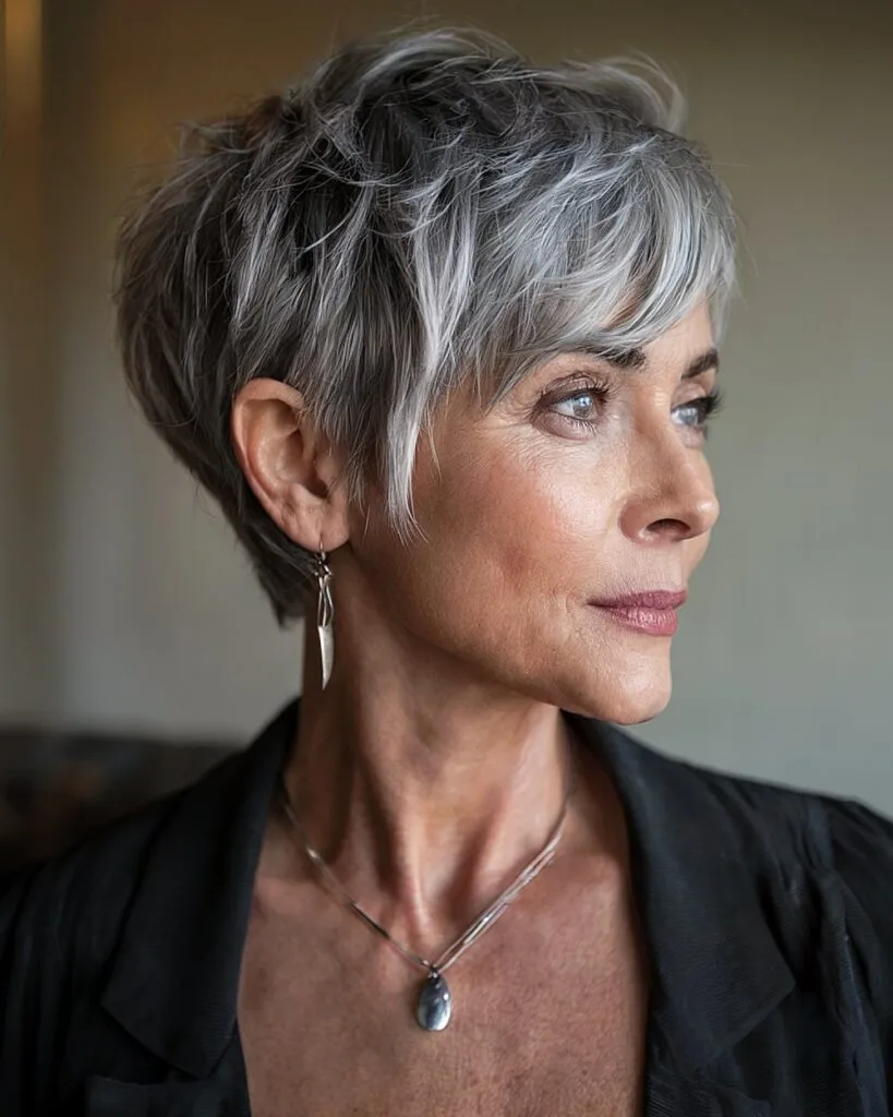 Textured layered pixie haircut with side-swept bangs for thick hair over 50