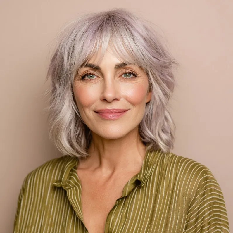 Textured Layered Silver Shag with Soft Bangs