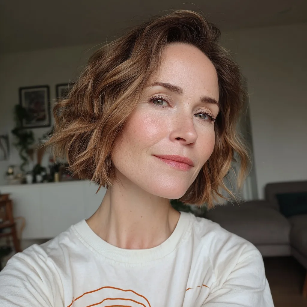 Textured Light Brown Curly Bob with Subtle Highlights
