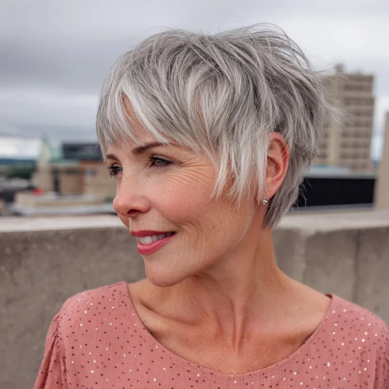 Textured Light Gray Layered Pixie with Subtle Volume