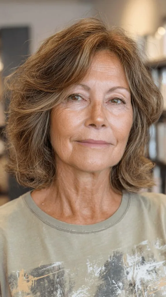 Textured Lob with Natural Waves and Curtain Bangs