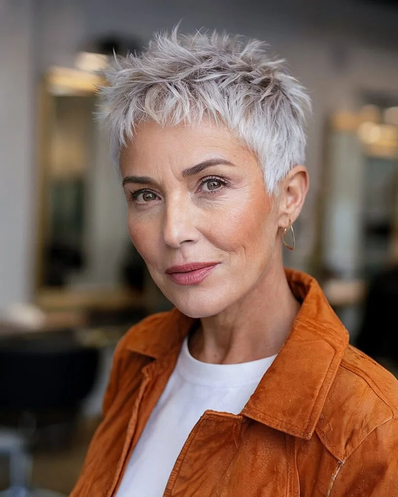 Textured pixie with spiky crown for women over 50 with fine silver hair