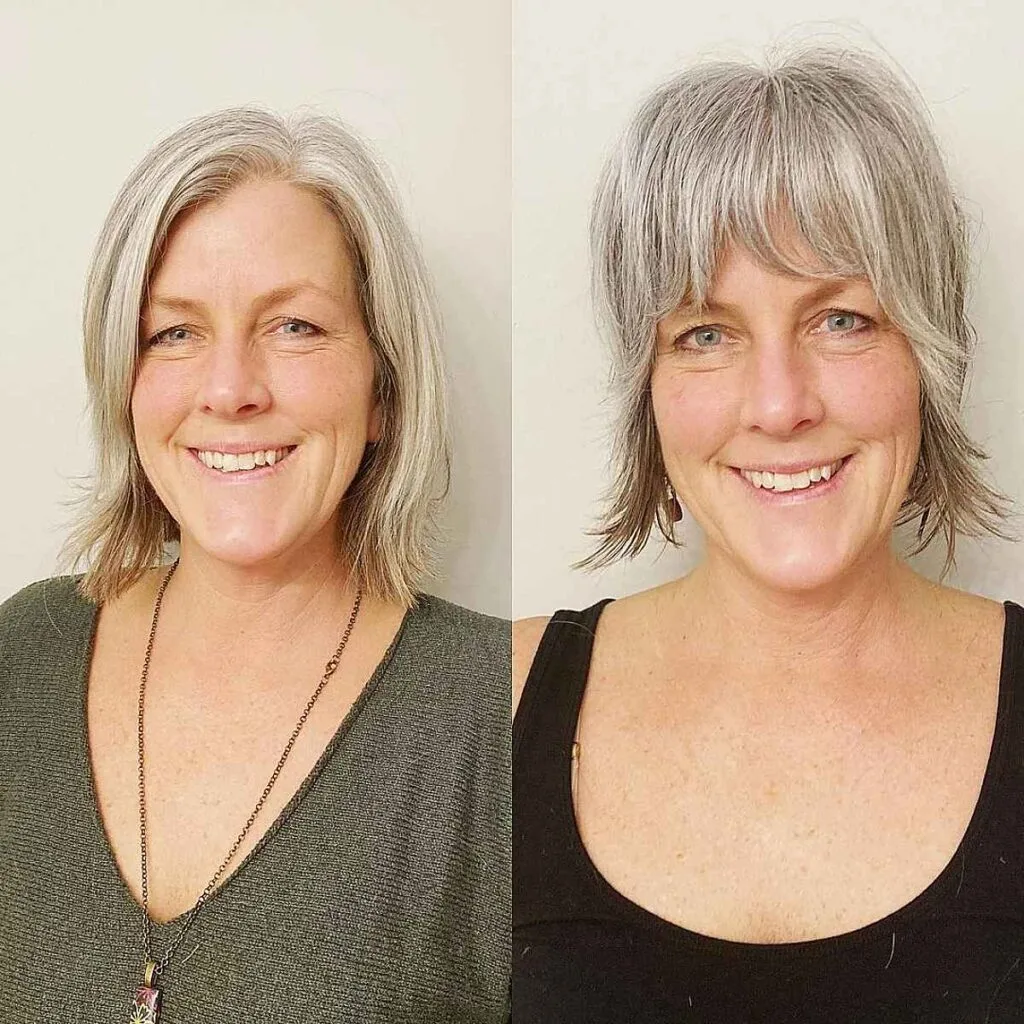 Textured Shaggy Bob with Bangs for Gray Hair