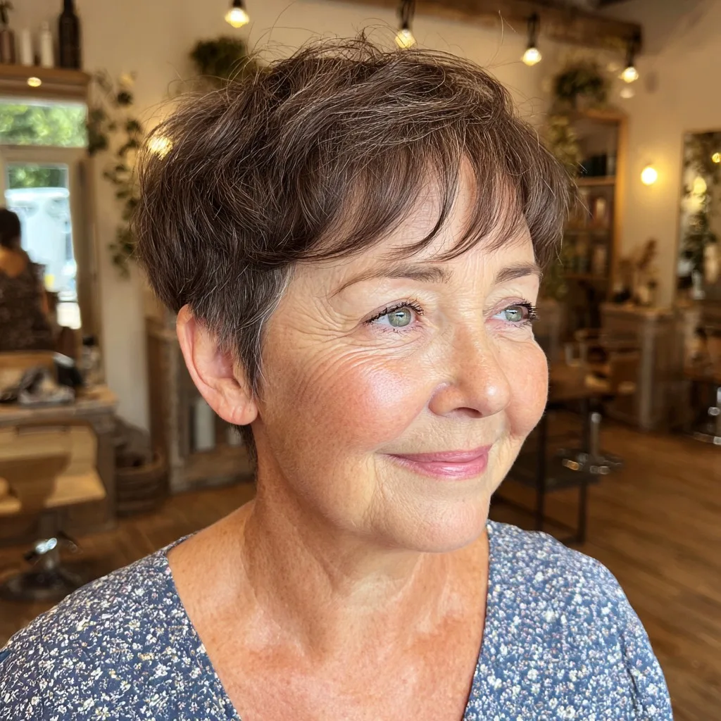 Textured Short Brown Cut with Soft Bangs