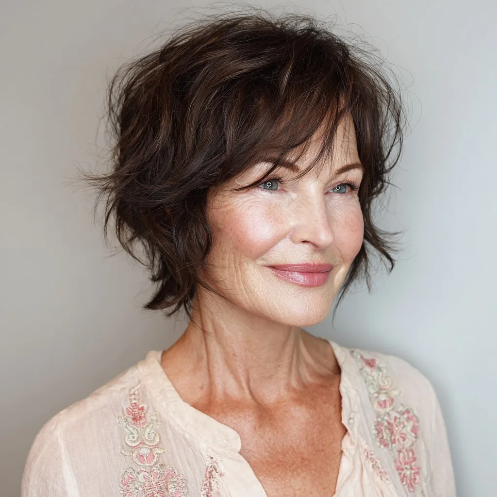 Textured Short Brown Hairstyle with Playful Layers
