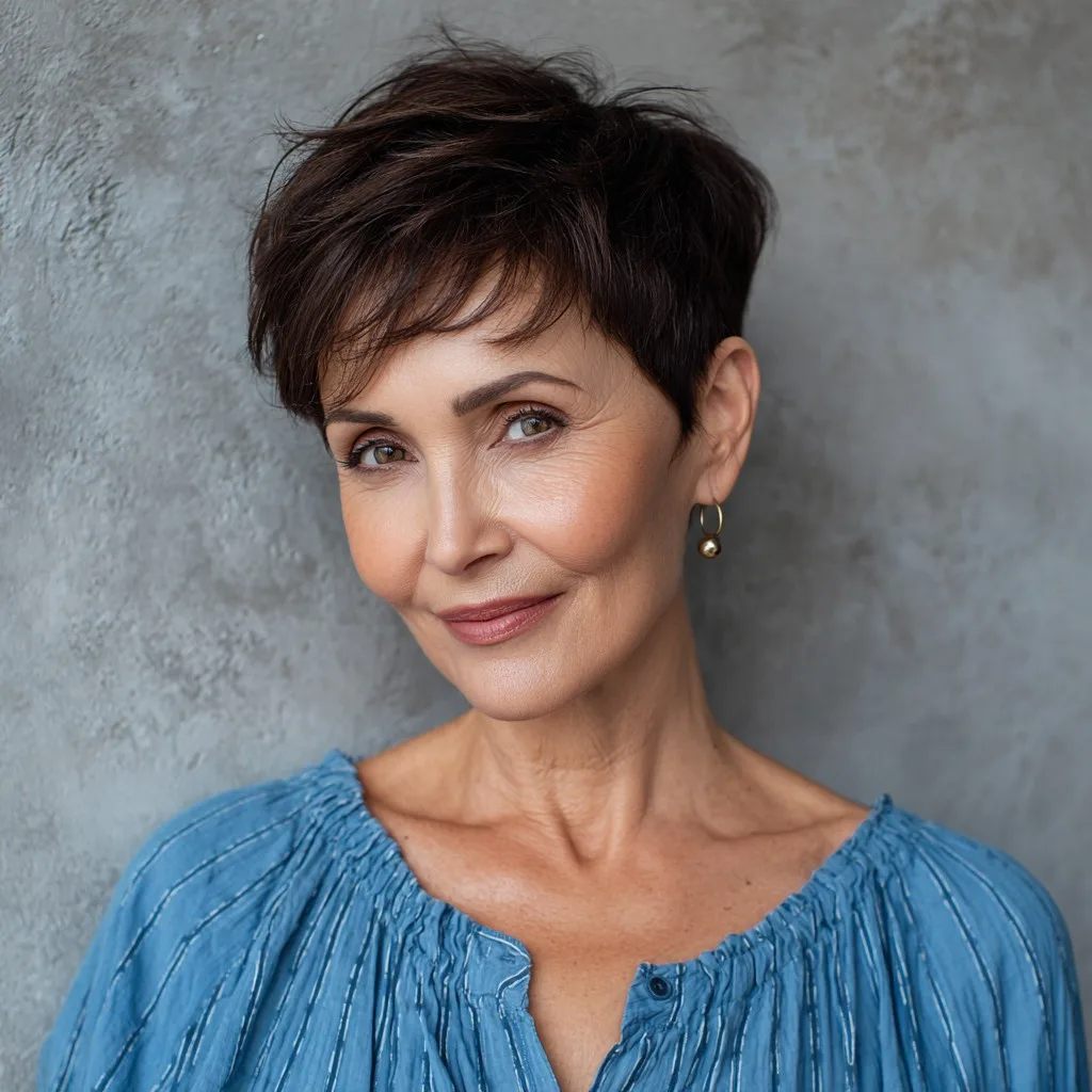 Textured Short Brown Pixie with Side-Swept Bangs