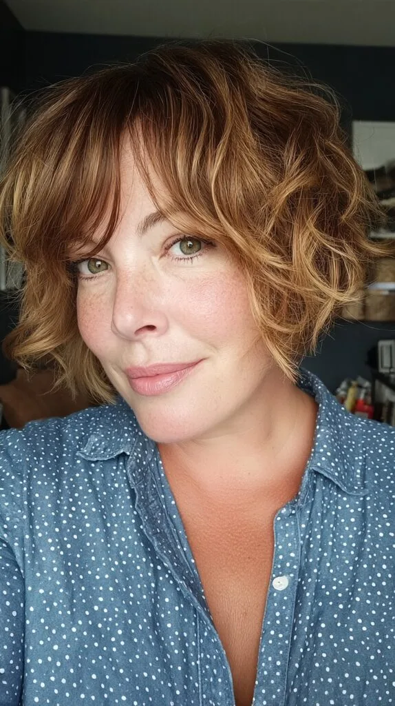 Textured Short Curly Bob with Warm Highlights