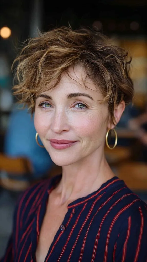 Textured Short Curly Cut with Light Caramel Highlights