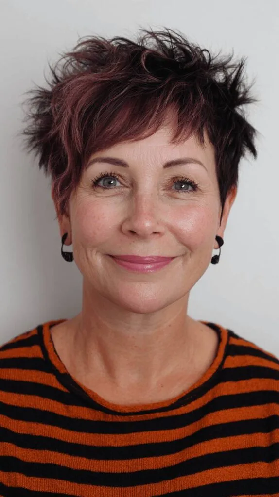 Textured Short Spiky Cut with Rich Burgundy Highlights