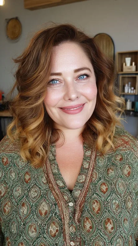 Textured Shoulder-Length Curls with Warm Highlights