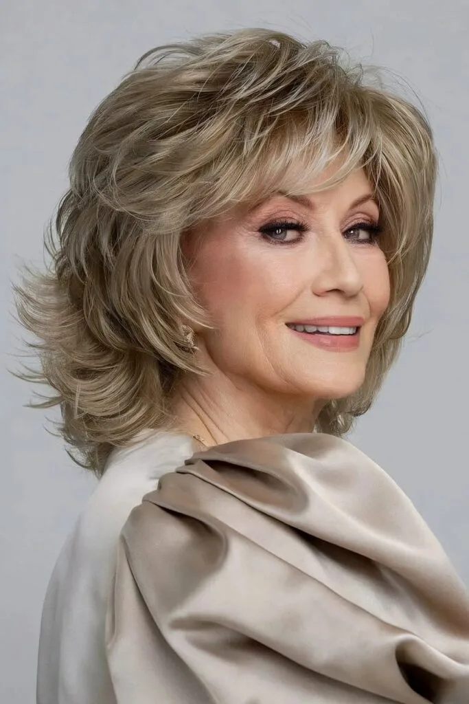 Textured Shoulder-Length Cut with Feathered Chopped Layers on ladies over sixty
