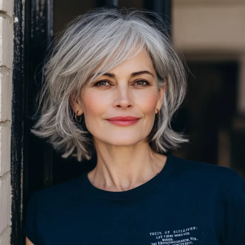 Textured Shoulder-Length Shag with Wispy Bangs