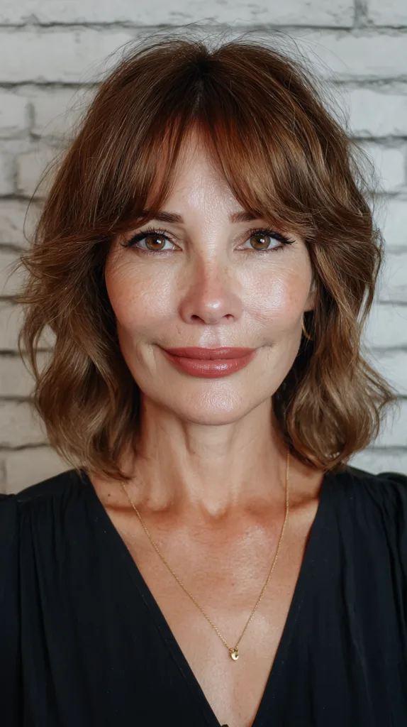 Textured Shoulder-Length Waves with Soft Bangs