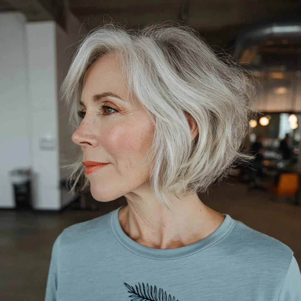 Textured Silver Inverted Bob with Soft Layers