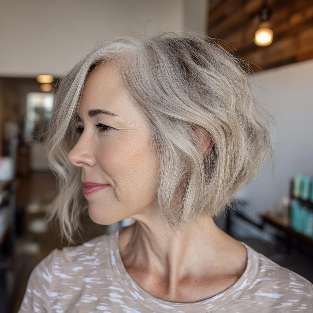Textured Silver Inverted Bob with Soft Waves