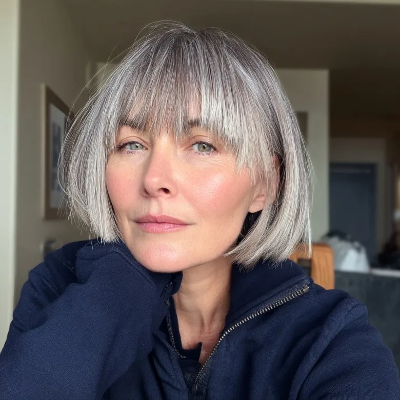 Textured Silver Layered Bob with Bold Bangs