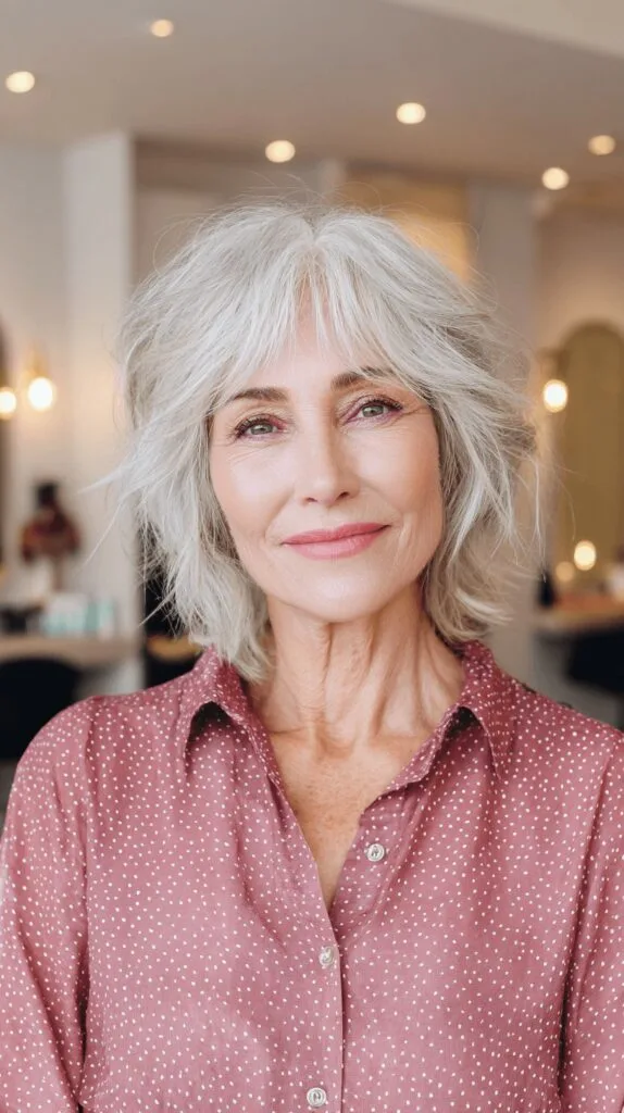 Textured Silver Lob with Soft Curtain Bangs