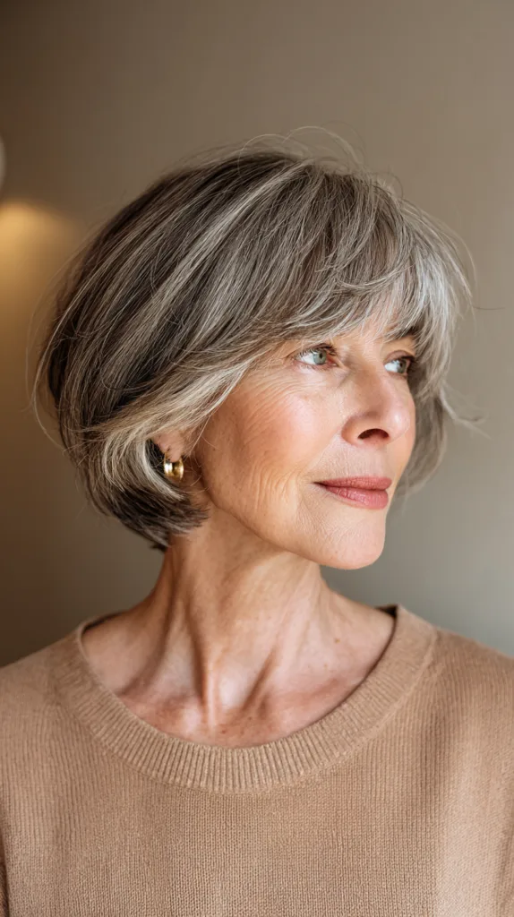 Textured Soft Grey Shaggy Bob with Side-Swept Bangs