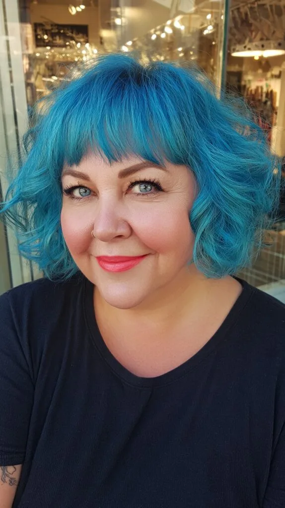 Textured Turquoise Chin-Length Shag with Soft Blunt Micro-Fringe