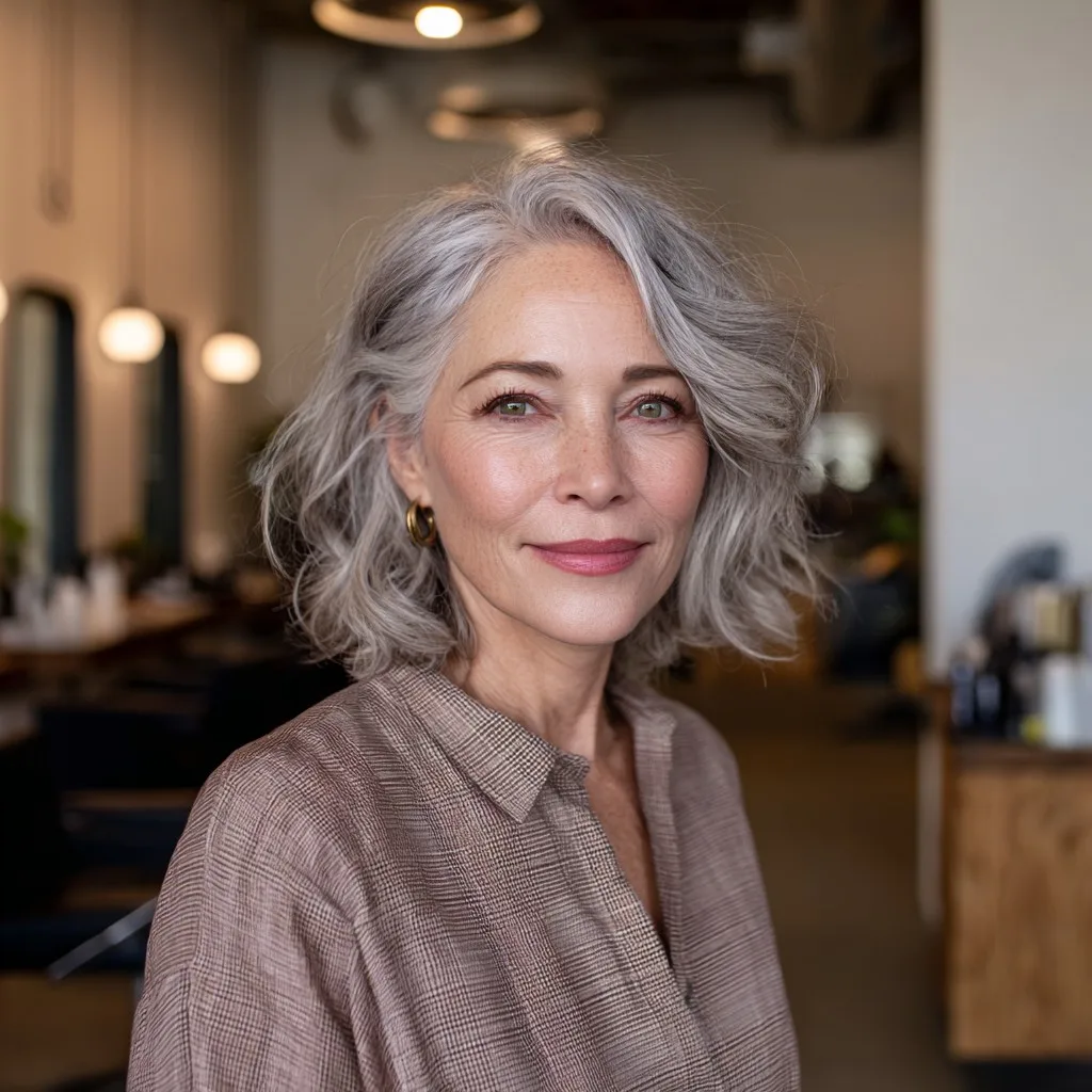 Textured Wavy Bob with Salt and Pepper Highlights