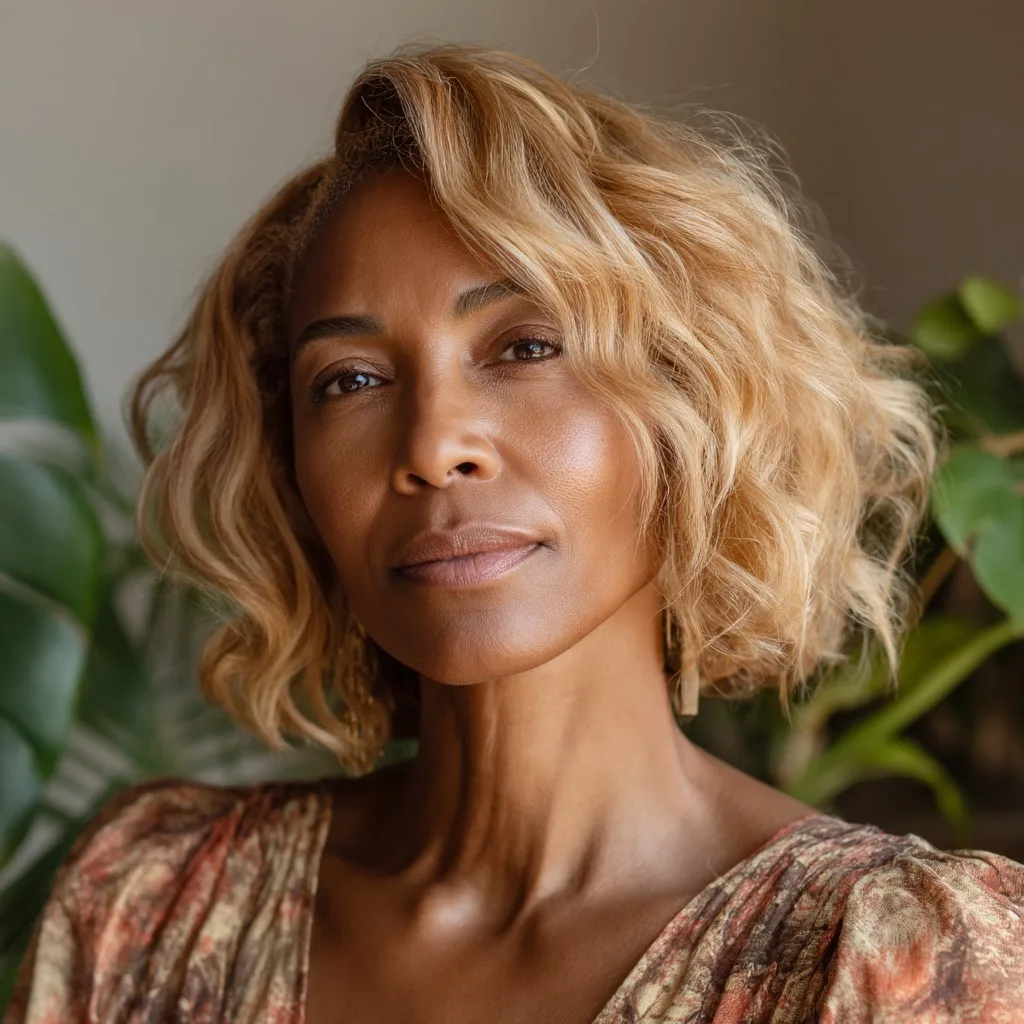 Textured Wavy Bob with Subtle Blonde Highlights