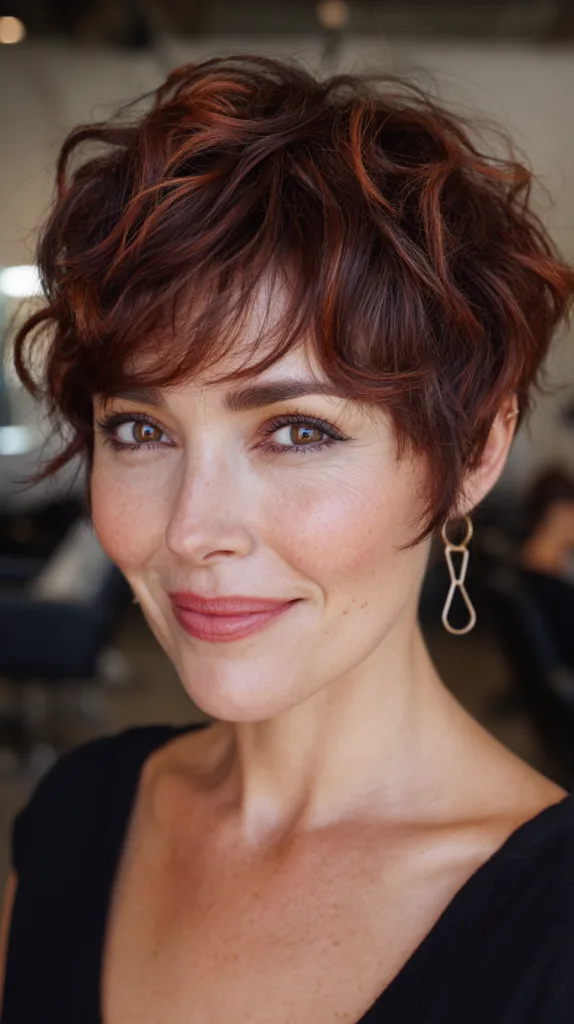 Textured Wavy Pixie Cut with Rich Auburn Highlights