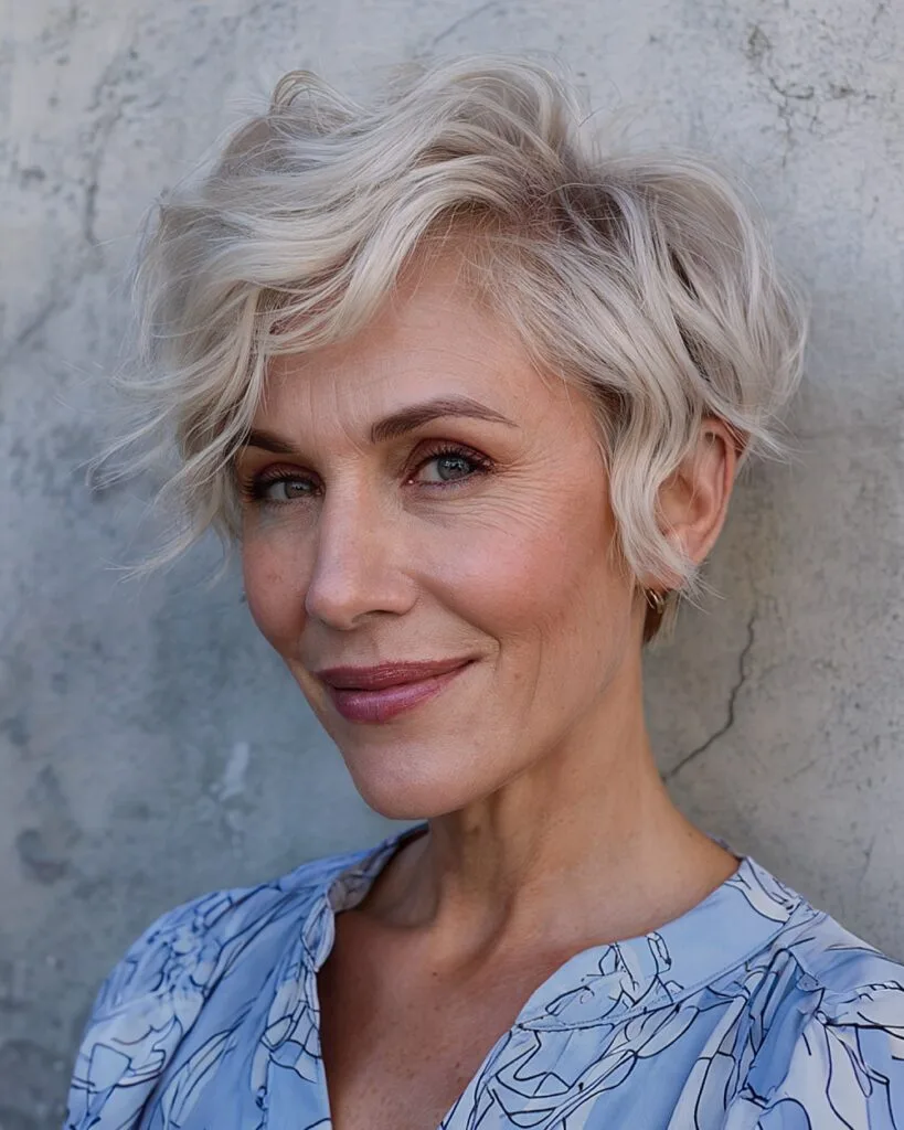 Textured wavy pixie cut with soft airy layers and platinum blonde color for women over 50