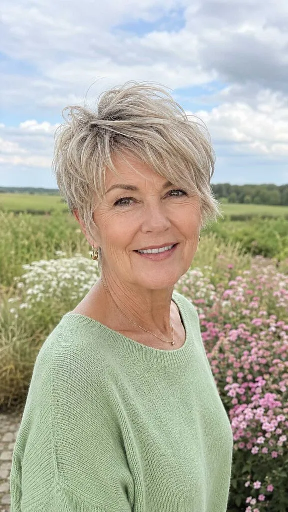 Tousled ash blonde long pixie with dimensional highlights