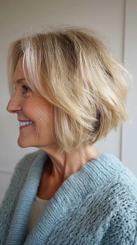 Tousled blonde layered angled bob with soft waves