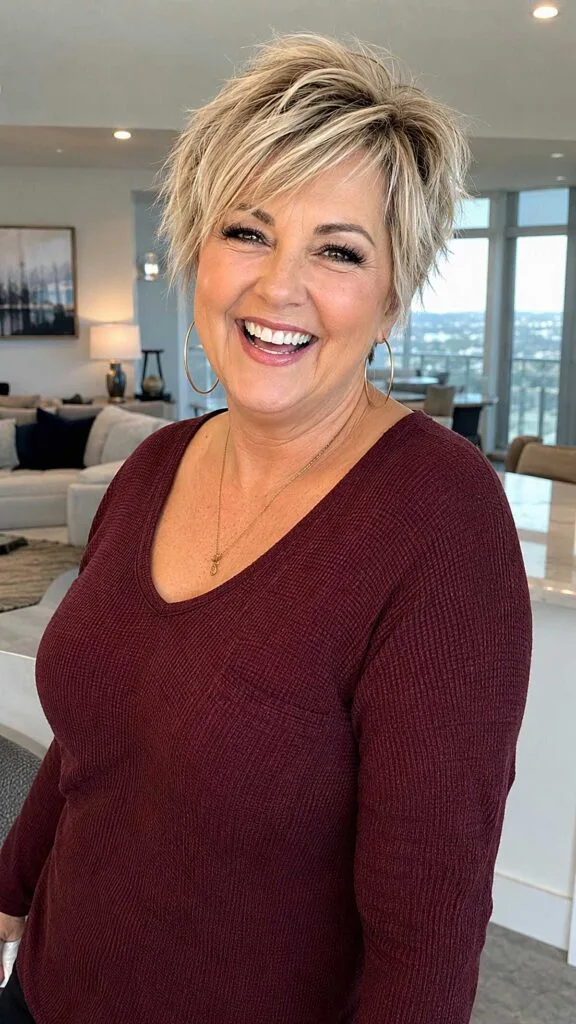 Tousled Blonde Pixie with Dark Root Shadow