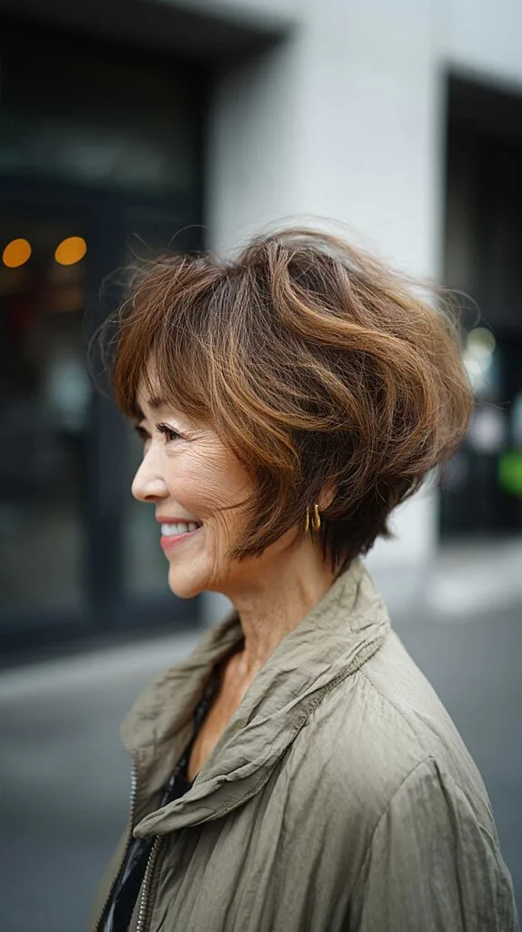 Tousled brown angled bob with caramel highlights