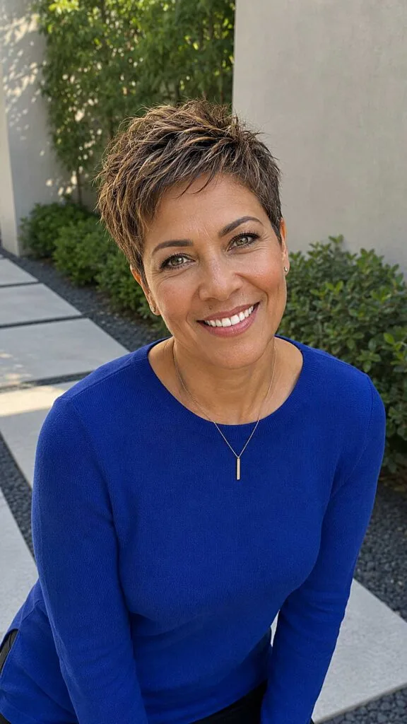Tousled brunette pixie with golden highlights over 50