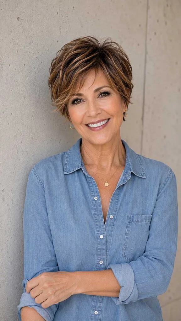 Tousled Brunette Pixie with Honey Balayage and Razored Layers