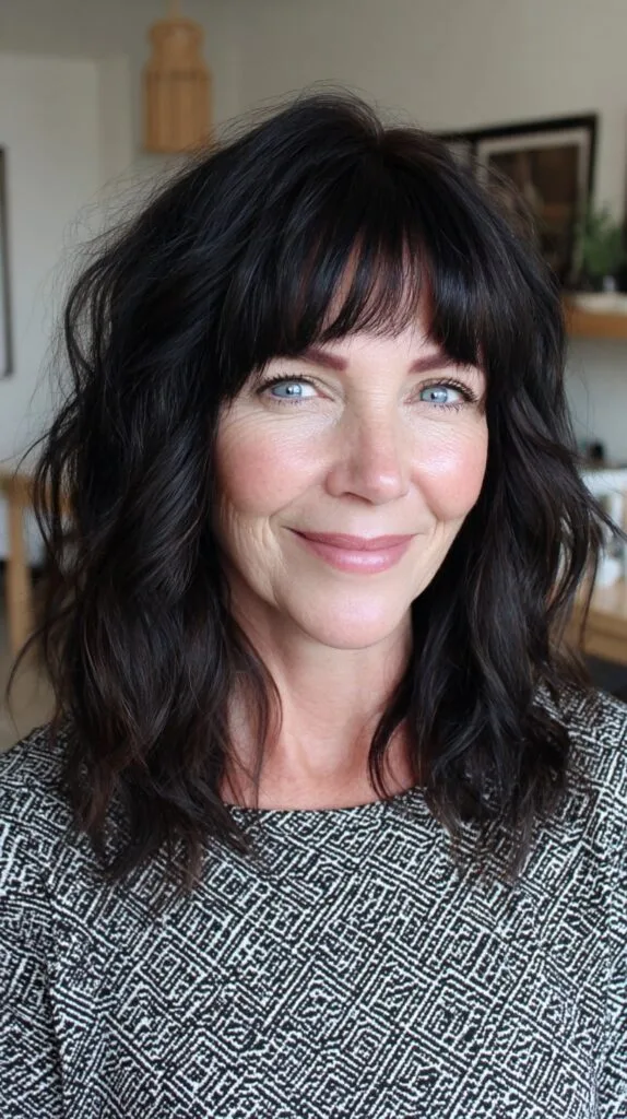 Tousled Dark Chestnut Medium Shag with Soft Blunt Fringe