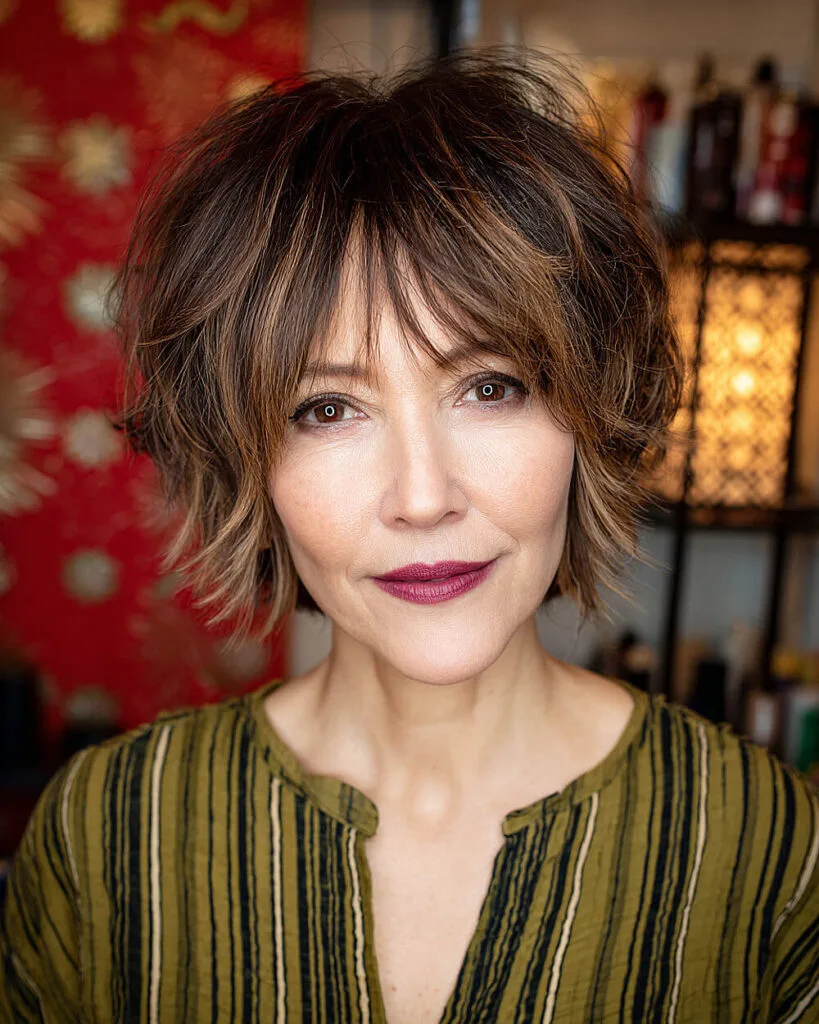 Tousled feathered layers with face-framing on thick brunette hair with highlights, flattering for women over 60