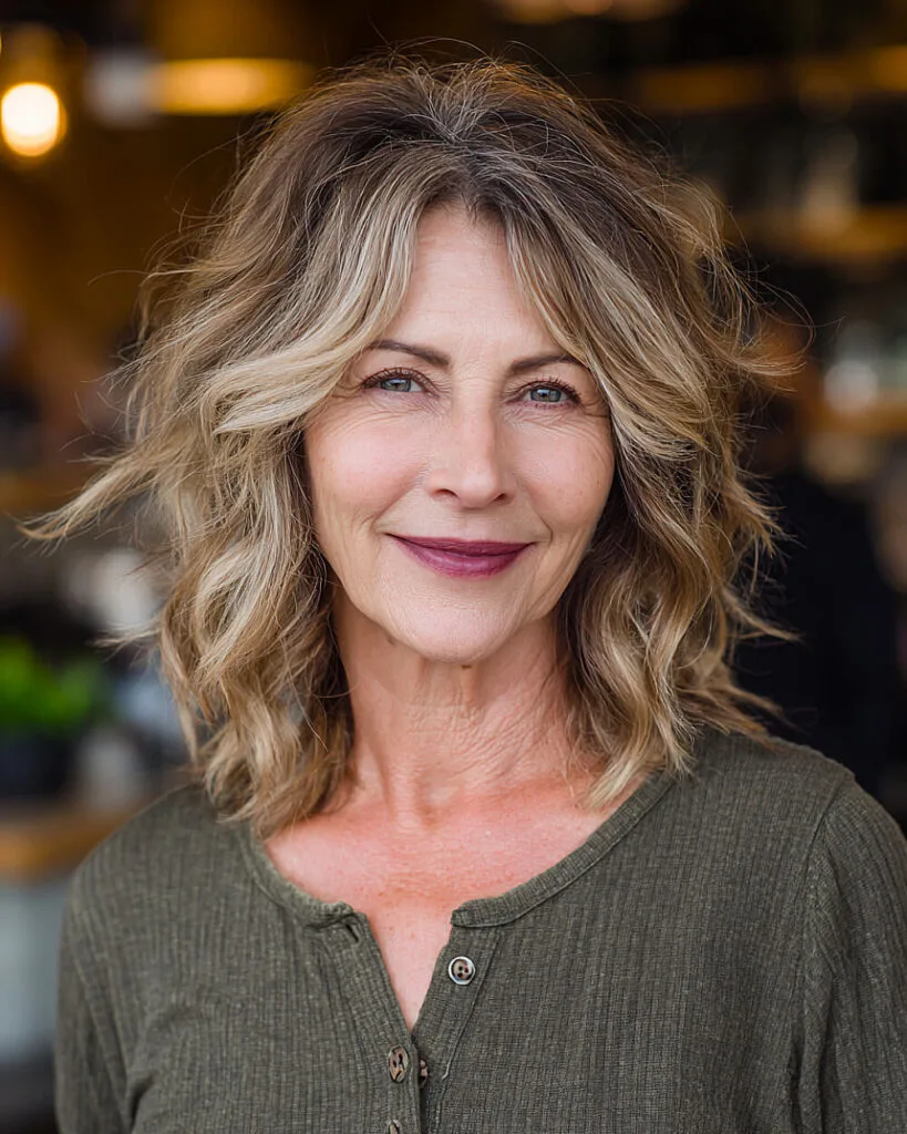Tousled long layered bob for women over 50 with dimensional blonde and wispy texture