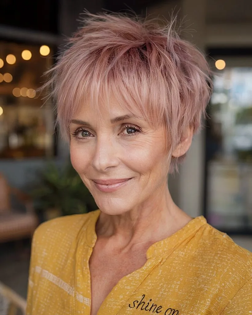 Tousled pixie bob with fringe and textured crown in soft rose gold for older women