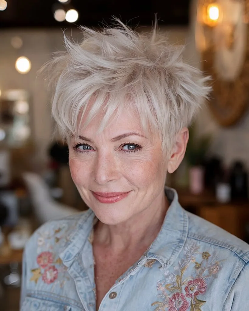 Tousled spiky crop with side fringe for older women with fine hair