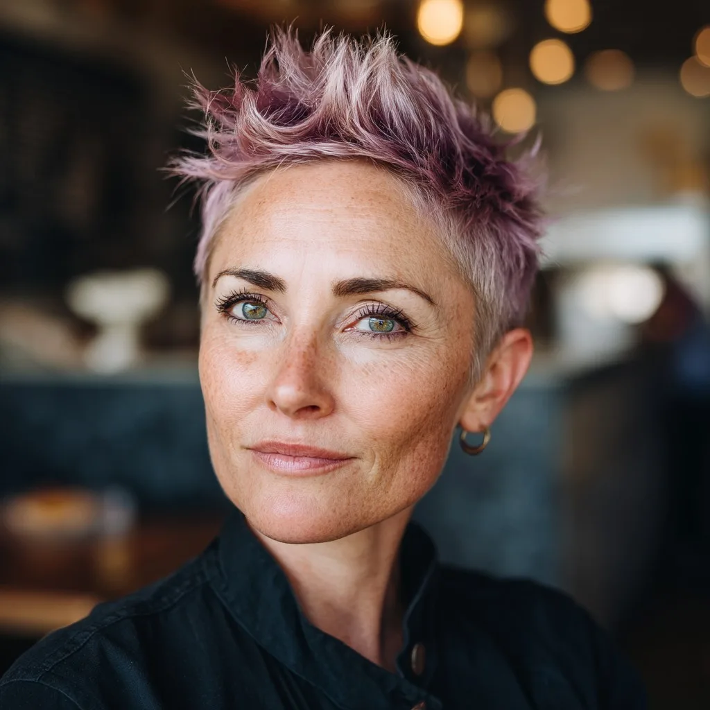Trendy Short Spiky Cut with Subtle Lavender Highlights