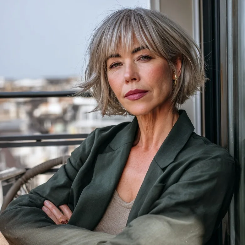 Trendy Silver Layered Bob with Fringe