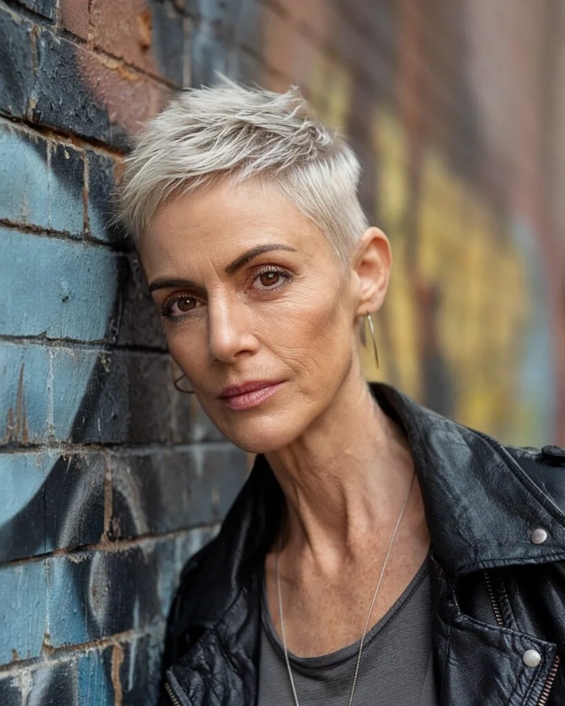 Ultra short platinum pixie with spiky texture for thick hair over 50