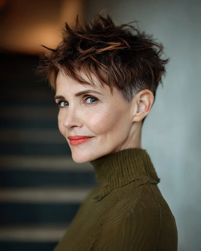 Undercut pixie with textured spiky top for women over 50
