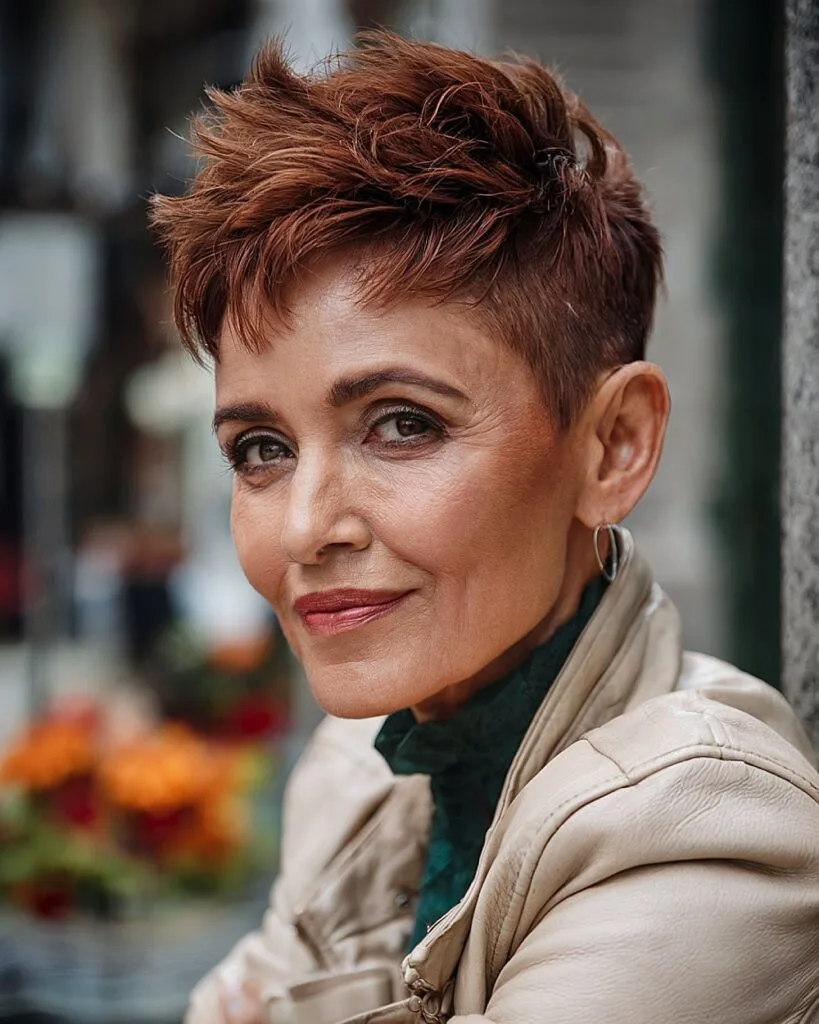 Undercut pixie with voluminous crown for thick red hair over 50