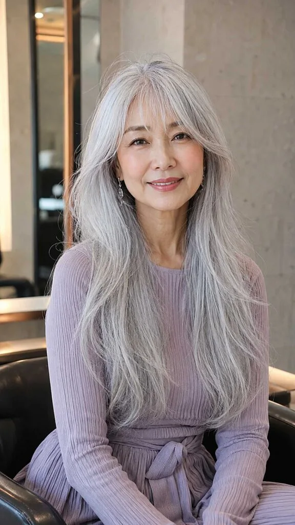 Very long icy silver straight hair with soft wispy fringe