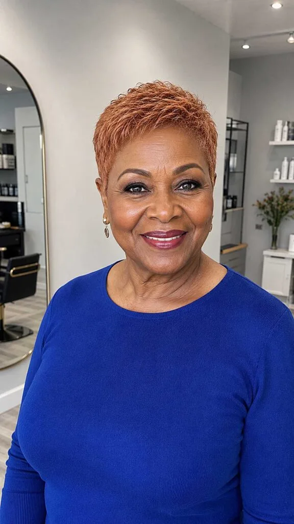 Very short copper pixie cut with textured top on woman over 50