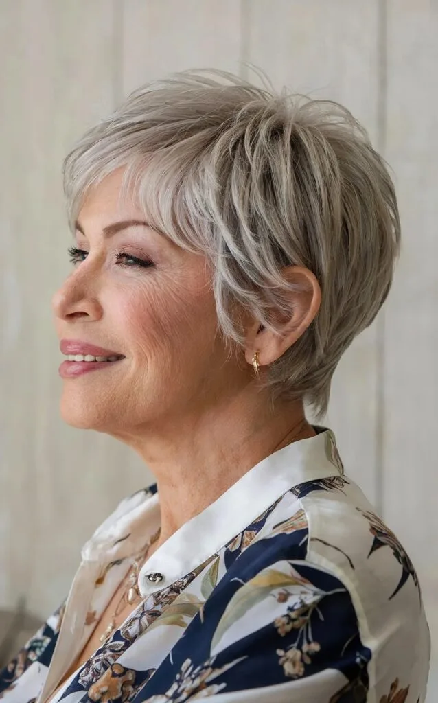 Very Short Grey Feathery Stacked Pixie on Grey-haired Women over 60